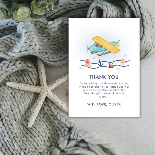 Cartão De Agradecimento Summer Adventure Sea Airplane Baby Shower (Summer Adventure Sea Airplane Baby Shower Thank You Card)