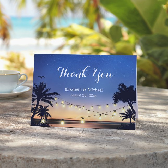 Cartão De Agradecimento Summer Beach Sunset String Lights Thank You Card (Criador carregado)
