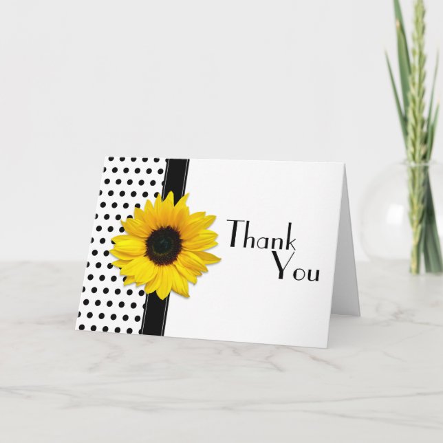 Cartão De Agradecimento Sunflower Black White Polka Dot Wedding Thank You (Frente)
