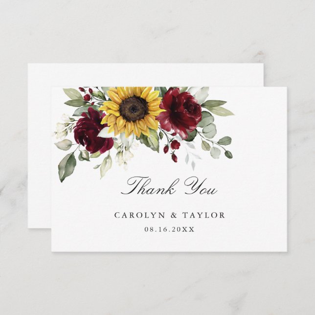Cartão De Agradecimento Sunflower Burgundy Red Floral Casamento Russo (Frente/Verso)