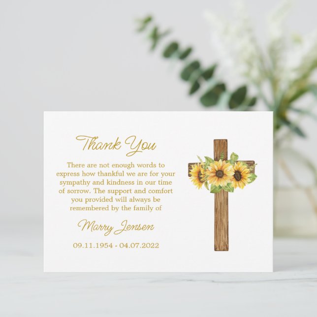 Cartão De Agradecimento Sunflower Cross Sympathy Thank You Card (Em pé/Frente)