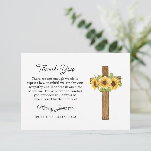 Cartão De Agradecimento Sunflower Cross Sympathy Thank You Card (Em pé/Frente)