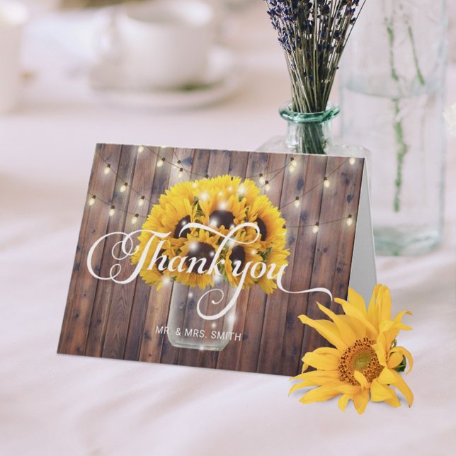 Cartão De Agradecimento Sunflower Jar String Lights Barn Casamento Obrigad (Criador carregado)