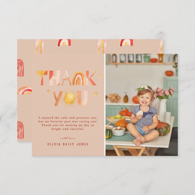 Cartão De Agradecimento Sunshine Boho Rainbow | Foto Obrigado (Frente/Verso)