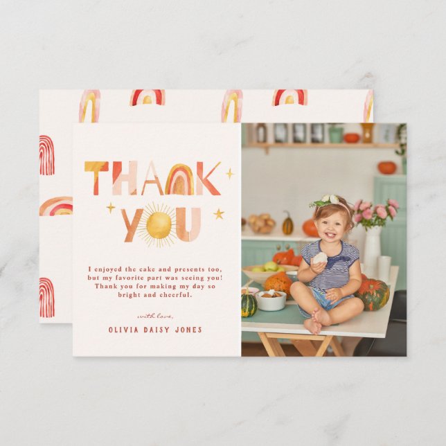 Cartão De Agradecimento Sunshine Boho Rainbow | Foto Obrigado (Frente/Verso)