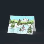 Cartão De Agradecimento SUP Snowman Christmas Card<br><div class="desc">Send merry Christmas greetings!  A snowman on a SUP (Stand-Up Paddleboard) paddles down the river surrounded by Christmas trees,  with red bridge and snowy mountain in the background.</div>