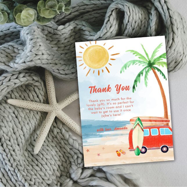 Cartão De Agradecimento Surf Beach Baby On Conselho Chá de fraldas (Surf Beach Baby On Board Baby Shower Thank You Card)