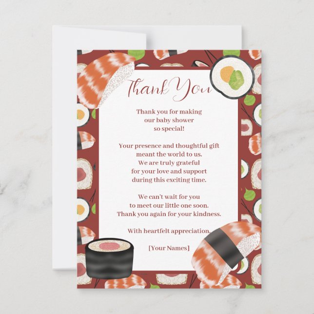 Cartão De Agradecimento Sushi Chá de fraldas neutro (Frente)