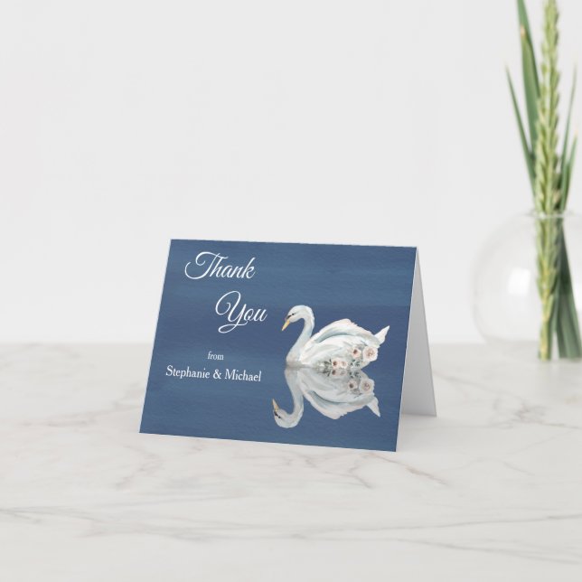 Cartão De Agradecimento Swan Floral Branco sobre Casamento Azul (Frente)