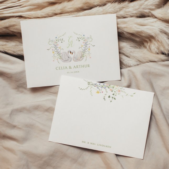 Cartão De Agradecimento Swans Floral Monogram Crest Wedding (Criador carregado)