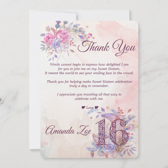 Cartão de agradecimento Sweet 16 (Frente)