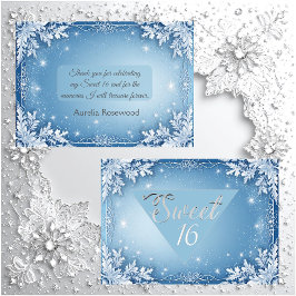 Cartão De Agradecimento Sweet 16 Icy Blue Silver Winter Frost Snowflakes