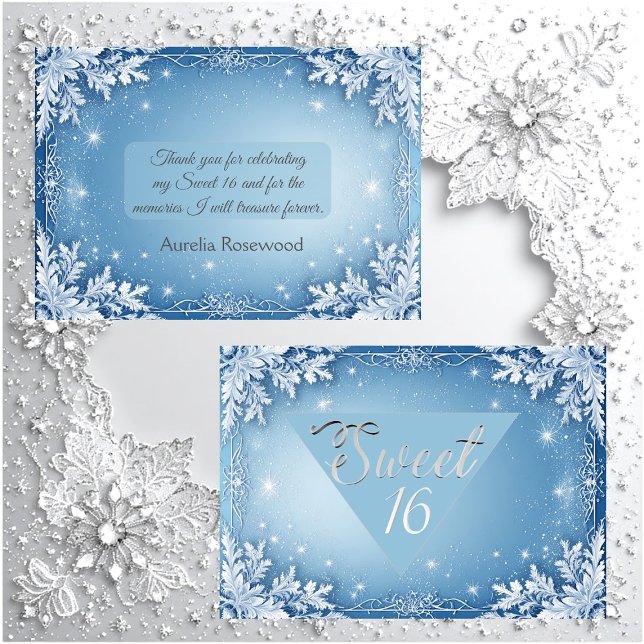 Cartão De Agradecimento Sweet 16 Icy Blue Silver Winter Frost Snowflakes (Sweet 16 Icy Blue Silver Winter Frost Snowflakes Thank You Card)