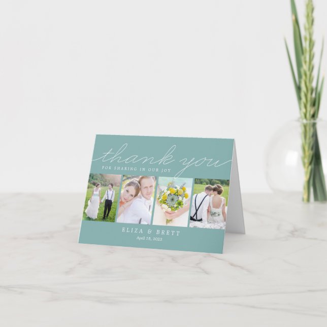 Cartão De Agradecimento Sweet Collage Wedding Thank You Card - Aqua (Frente)