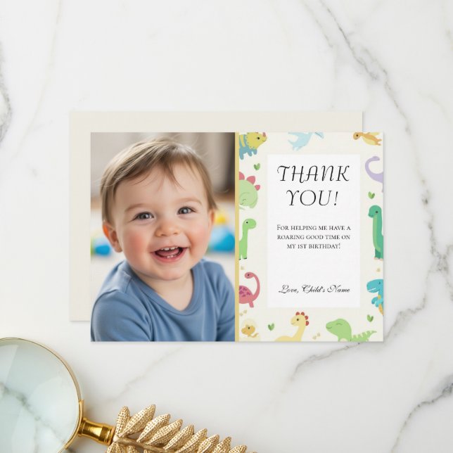 Cartão De Agradecimento Sweet Dinomite Photo 1st Birthday Invitation (Frente/Verso In Situ)