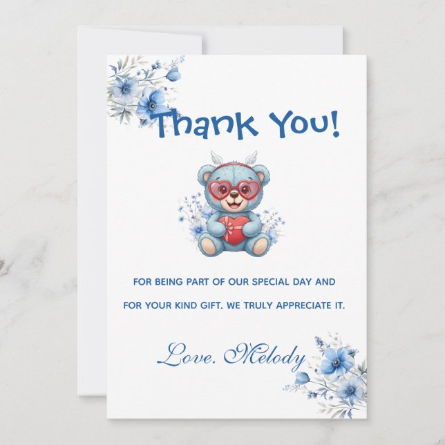 Cartão De Agradecimento Sweet Heart Teddy Bear Blue Baby Shower  (Frente)