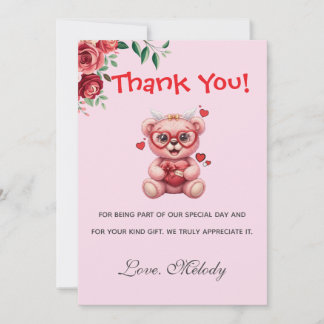Cartão De Agradecimento Sweet Heart Teddy Bear Pink Baby Shower 
