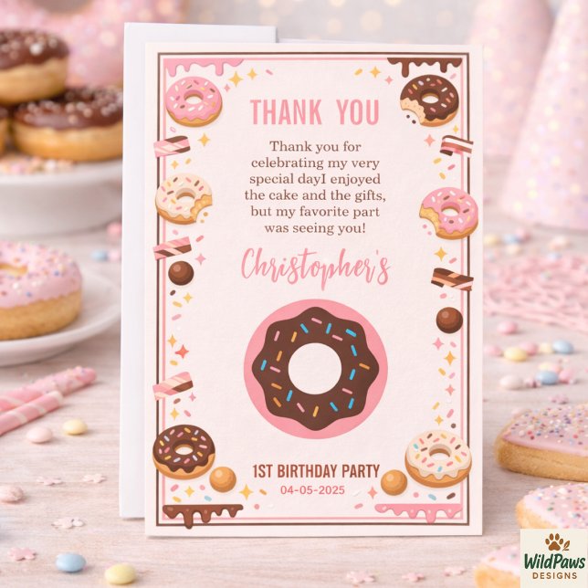 Cartão De Agradecimento Sweet One Donut 1st Birthday Party | Cute Donut (Sweet One Donut 1st Birthday Party | Cute Donut Thank You Card
)