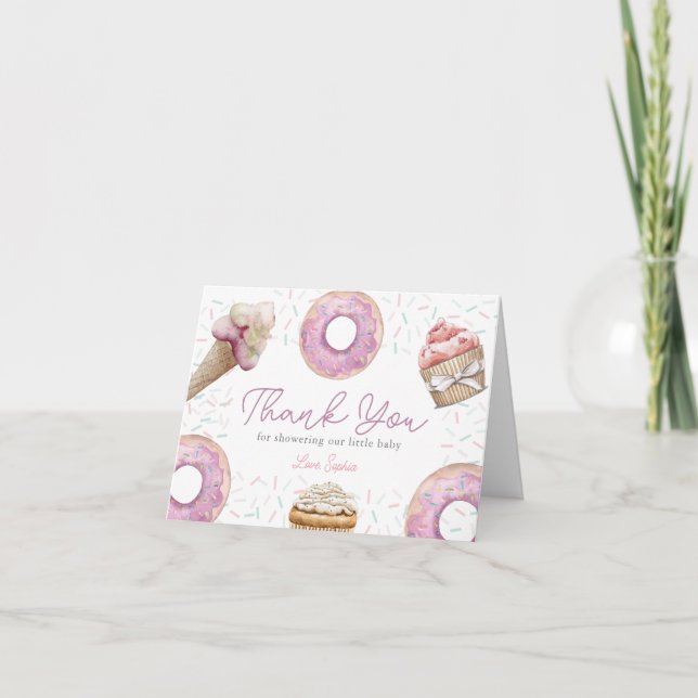 Cartão De Agradecimento Sweet Pink Cupcake & Donut Baby Shower (Frente)