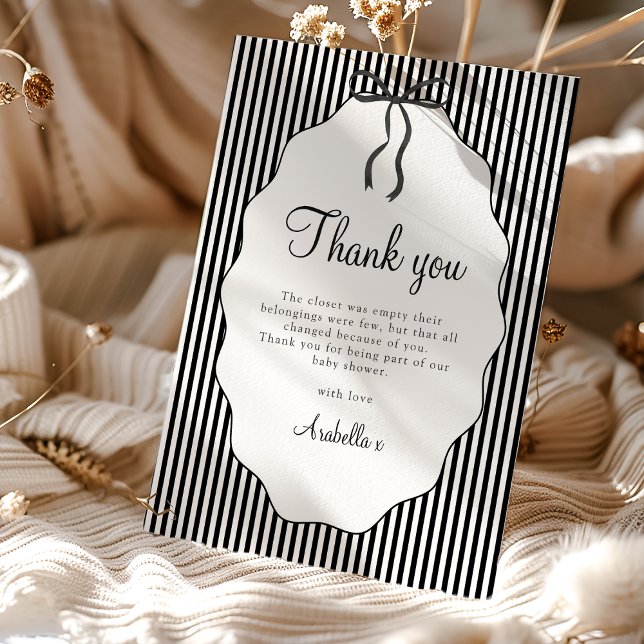 Cartão De Agradecimento Sweet Pinstriped Black Bow Baby Shower Thank you (Criador carregado)