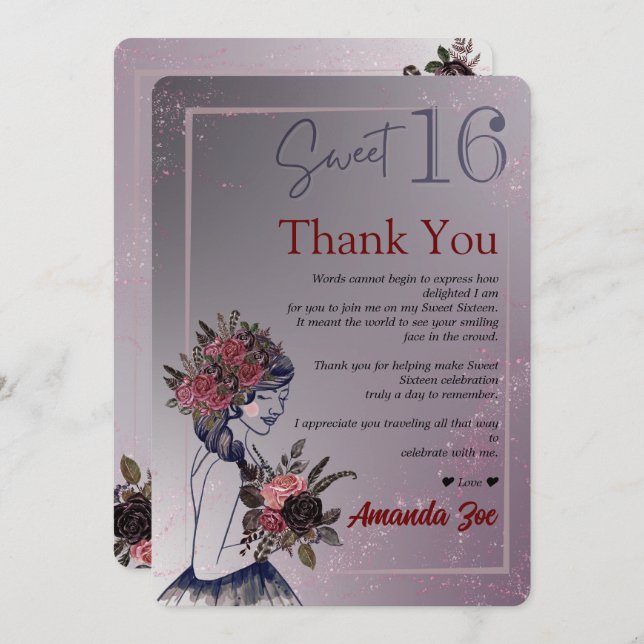 Cartão de agradecimento Sweet Sixteen (Frente/Verso)