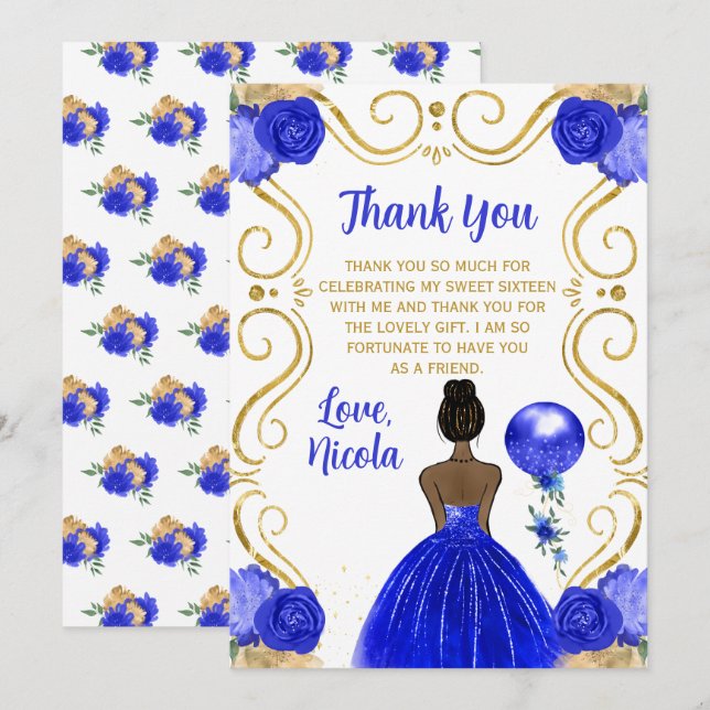 Cartão De Agradecimento Sweet Sixteen Dark Skin Princess in Royal Blue  (Frente/Verso)