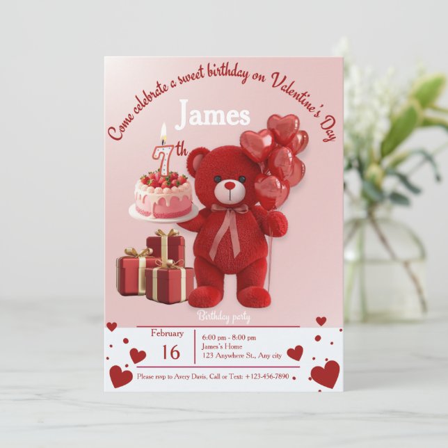 Cartão De Agradecimento Sweet Valentine’s Birthday Invite – 7th Birthday (Em pé/Frente)