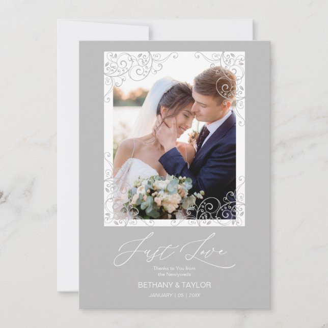 Cartão De Agradecimento Swirly Flourish Grey Ornament Photo Newlyweds (Frente)