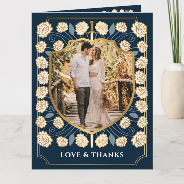 Cartão De Agradecimento Sword Shield Medieval Fantasy Casamento Monograma (Frente)