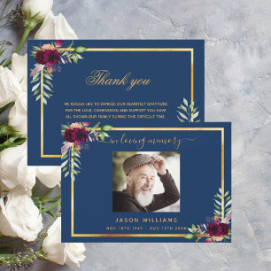 Cartão De Agradecimento Sympathy blue floral burgundy thank you photo
