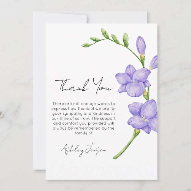 Cartão De Agradecimento Sympathy Freesia Photo Funeral Thank You Card (Verso)