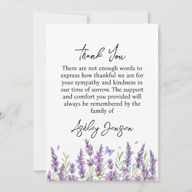 Cartão De Agradecimento Sympathy Lavender Photo Funeral Thank You Card (Verso)