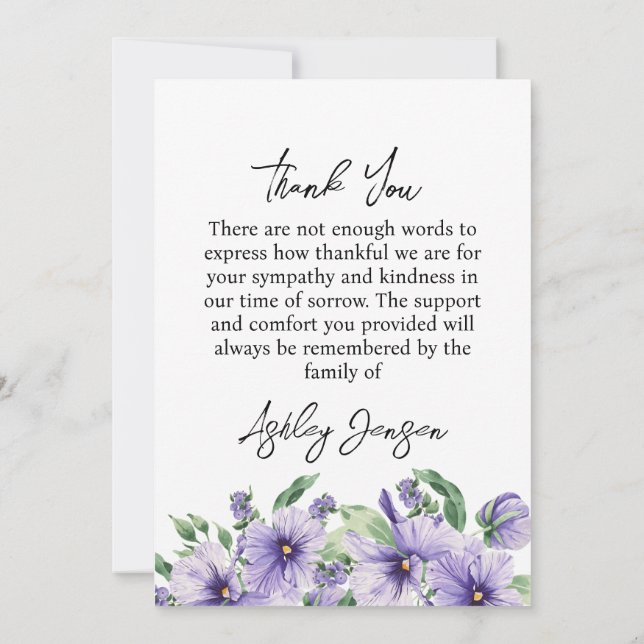Cartão De Agradecimento Sympathy Pansy Photo Funeral Thank You Card (Verso)