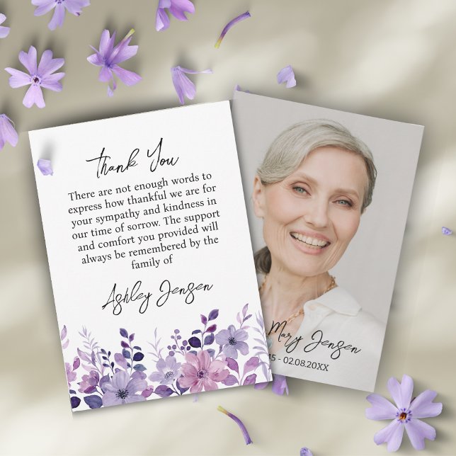 Cartão De Agradecimento Sympathy Purple Floral Photo Thank You Card (Criador carregado)