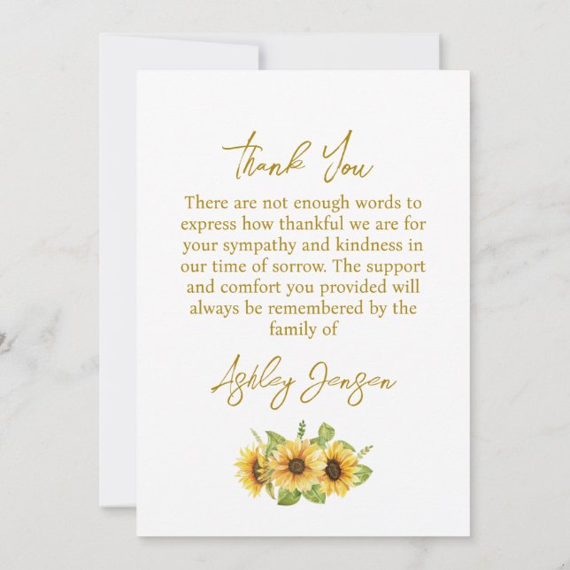 Cartão De Agradecimento Sympathy Sunflower Funeral Thank You Card (Verso)