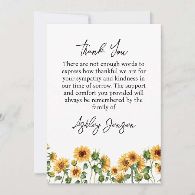 Cartão De Agradecimento Sympathy Sunflower Funeral Thank You Card (Verso)