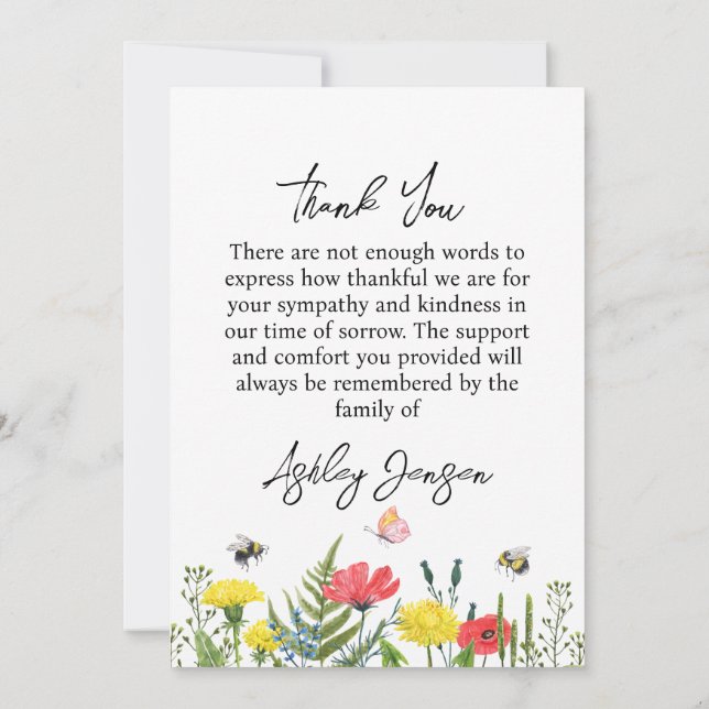 Cartão De Agradecimento Sympathy Wildflower Funeral Thank You Card (Verso)