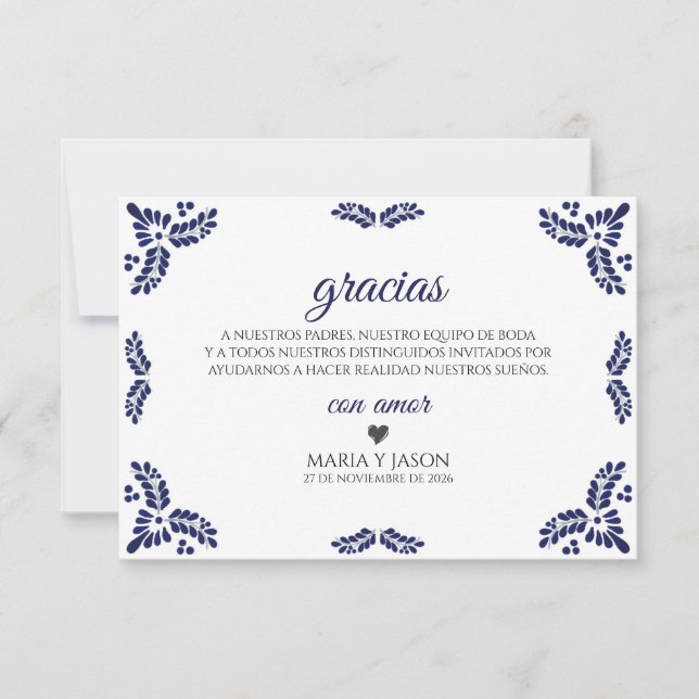 Cartão De Agradecimento Talavera Blue Floral Minimalist Spanish Wedding (Frente)