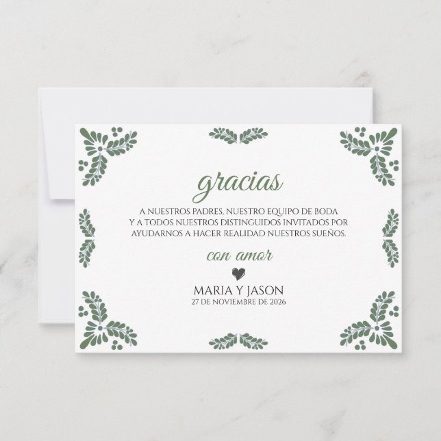 Cartão De Agradecimento Talavera Green Floral Minimalist Spanish Wedding (Frente)