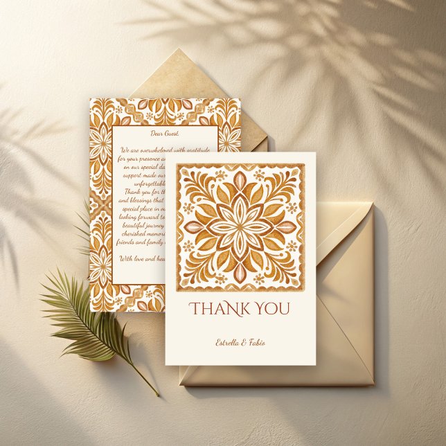 Cartão De Agradecimento Talavera terracotta vintage casamento mexicano (Talavera terracotta vintage Mexican wedding Thank You Cards mustard folk art thank you cards)