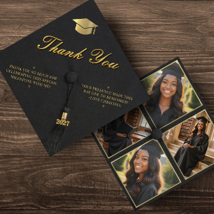 Cartão De Agradecimento Tampa Preto & Dourado 4 Foto Grad Cap Graduação