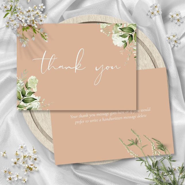 Cartão De Agradecimento Tan Botanical Greenery Elegant Script (Tan Botanical Greenery Elegant Script Thank You Card)