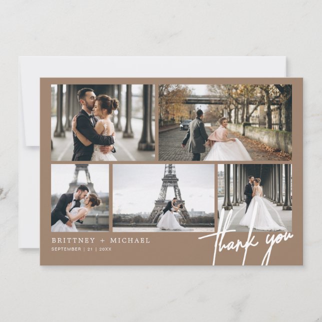 Cartão De Agradecimento Tan de Colagem de Fotos Moderna com Letra Mão (Frente)