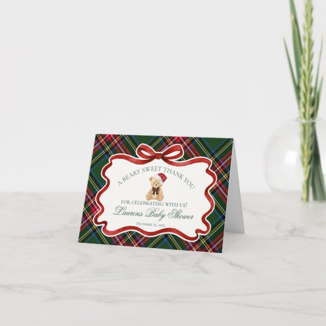 Cartão De Agradecimento Tartan Plaid Christmas Bear Baby Thank You Card  (Frente)