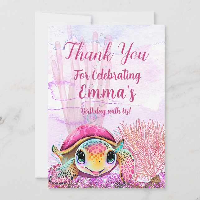 Cartão De Agradecimento Tartaruga 4º Aniversário, Sob o Mar (Frente)