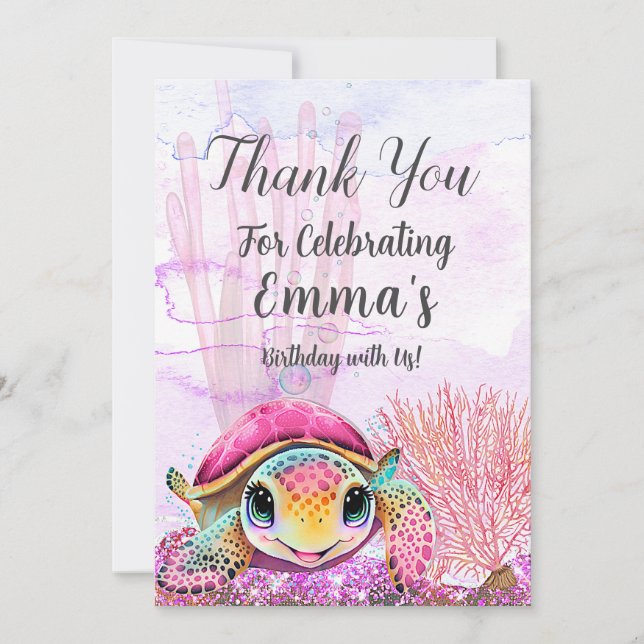 Cartão De Agradecimento Tartaruga 4º Aniversário, Sob o Mar (Frente)