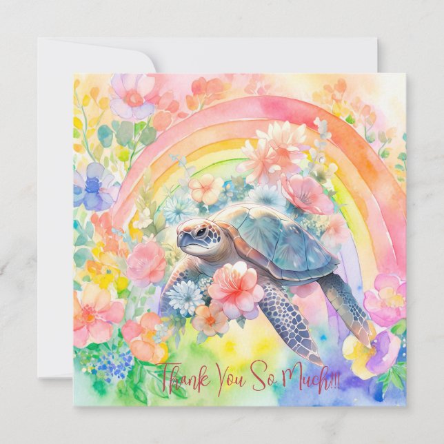 Cartão De Agradecimento Tartaruga Floral do Mar Floral Elegante Pastel (Frente)