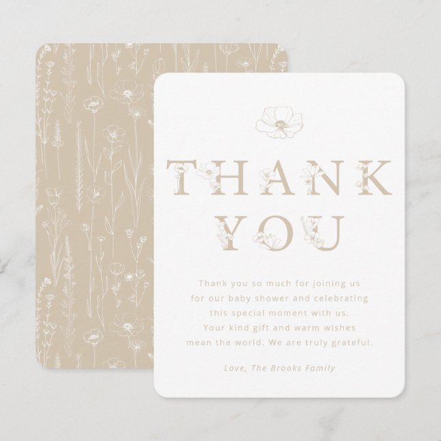 Cartão De Agradecimento Taupe Floral Thank You Card | Baby Shower (Frente/Verso)