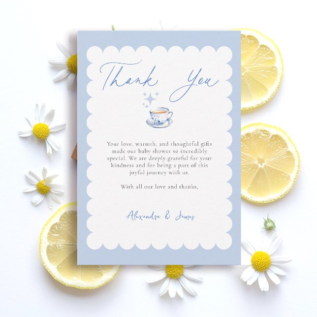 Cartão De Agradecimento Tea Brewing Script Blue Theme Script Baby Shower (boy baby shower thank you card tea brewing theme blue watercolor elegant modern stylish classy)
