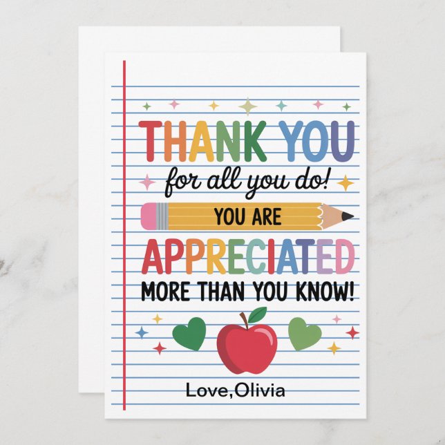 Cartão De Agradecimento Teacher Appreciation Week  – Heartfelt Gratitude (Frente/Verso)